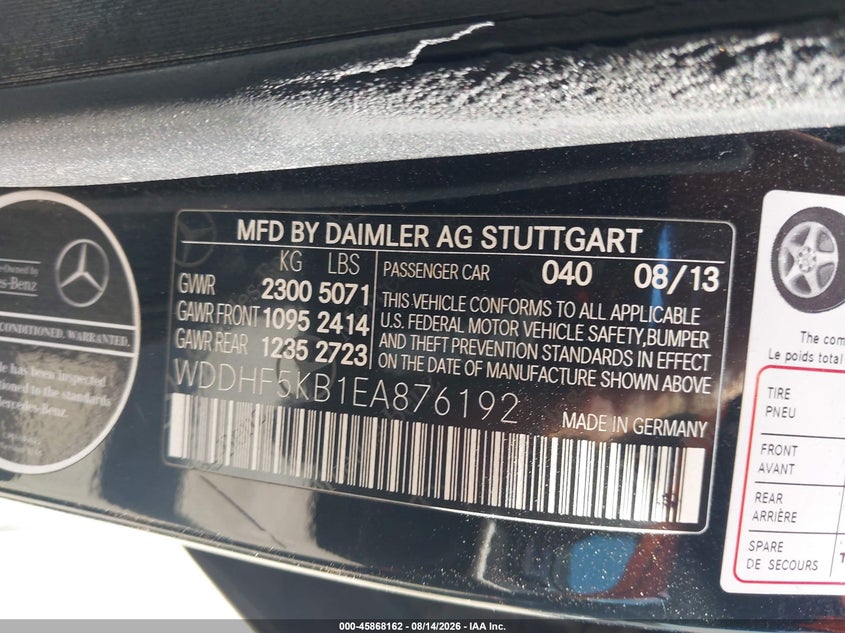 2014 Mercedes-benz E-klasse VIN WDDHF5KB1EA876192 IAAI salvage auction — RIGHT FRONT, Duplicate Paperwork (California), sold $200 on 2026-08-20 (photo 9)