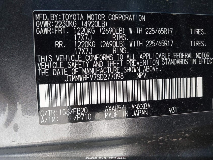 2025 Toyota Rav 4 VIN JTMMWRFV7SD277098 IAAI salvage auction — RIGHT SIDE, Salvage Title, sold $13,800 on 2026-08-24 (photo 9)