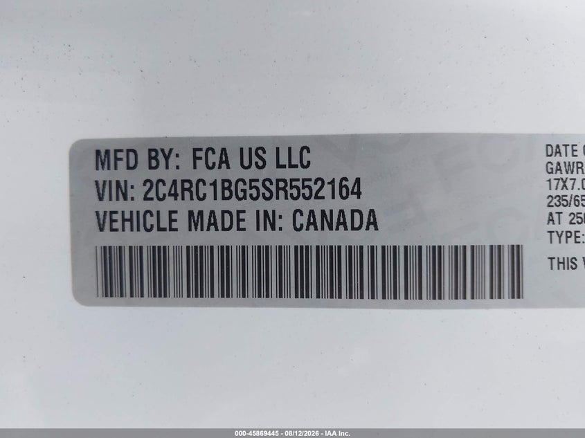 2025 Chrysler Pacifica VIN 2C4RC1BG5SR552164 IAAI salvage auction — SIDE, Salvage Title, sold $15,200 on 2026-08-19 (photo 9)