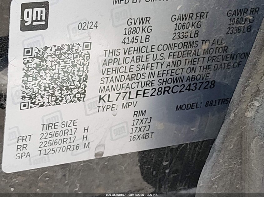 2024 Chevrolet Trax VIN KL77LFE28RC243728 IAAI salvage auction — FRONT END, Clear (Nevada), sold $8,850 on 2026-08-28 (photo 9)