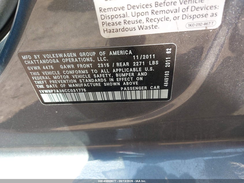 2012 Volkswagen Passat VIN 1VWBP7A36CC031775 IAAI salvage auction — NORMAL WEAR, Clear (Massachusetts), sold $725 on 2026-09-02 (photo 9)