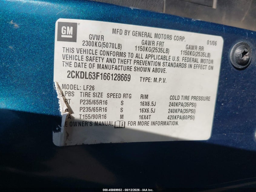 2006 Pontiac Torrent VIN 2CKDL63F166128669 IAAI salvage auction — NORMAL WEAR, Clear - Public Restricted (Oklahoma), sold $100 on 2026-09-23 (photo 9)