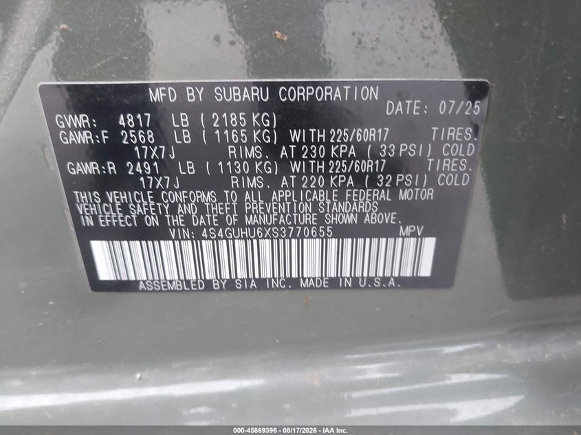 2025 Subaru Xv VIN 4S4GUHU6XS3770655 IAAI salvage auction — LEFT FRONT, Bill Of Sale (Washington), sold $10,400 on 2026-08-22 (photo 9)