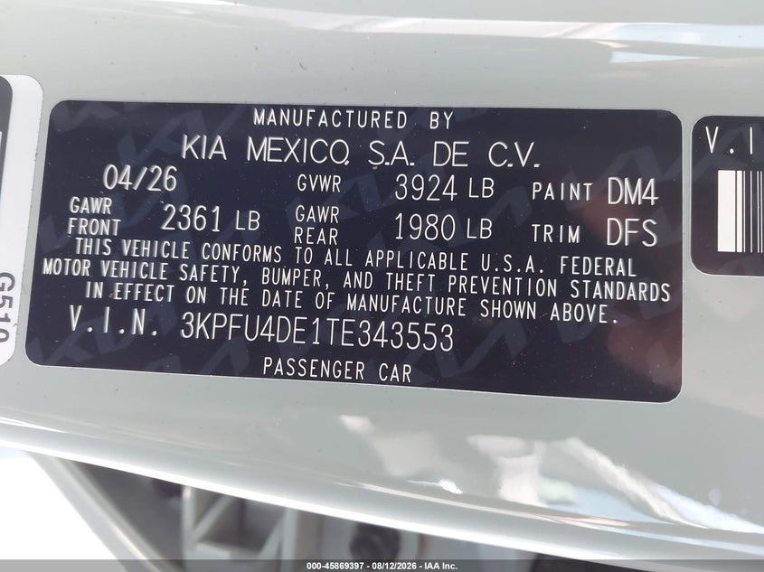 2026 Kia K4 VIN 3KPFU4DE1TE343553 IAAI salvage auction — LEFT SIDE, Wait Title, sold $7,625 on 2026-09-23 (photo 9)
