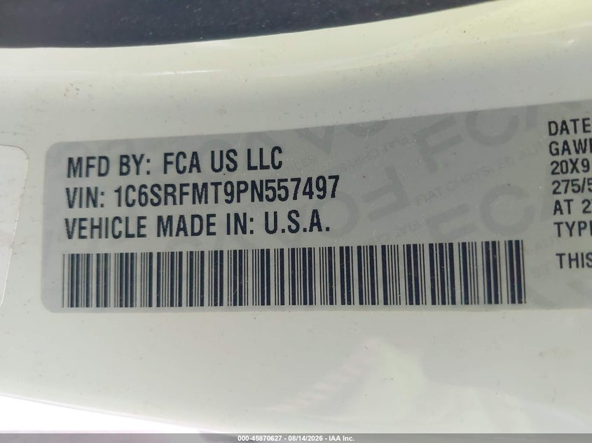 2023 Ram 1500 VIN 1C6SRFMT9PN557497 IAAI salvage auction — SIDE, Wait Title, sold $9,700 on 2026-08-29 (photo 9)