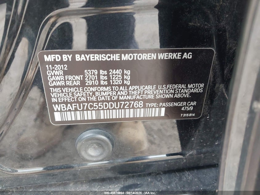 2013 BMW 5er VIN WBAFU7C55DDU72768 IAAI salvage auction — LEFT REAR, Wait Title, sold $2,850 on 2026-09-01 (photo 9)