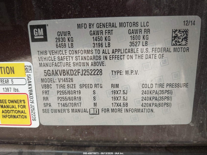 2015 Buick Enclave VIN 5GAKVBKD2FJ252228 IAAI salvage auction — NORMAL WEAR, Original (Maine), sold $1,050 on 2026-08-29 (photo 9)