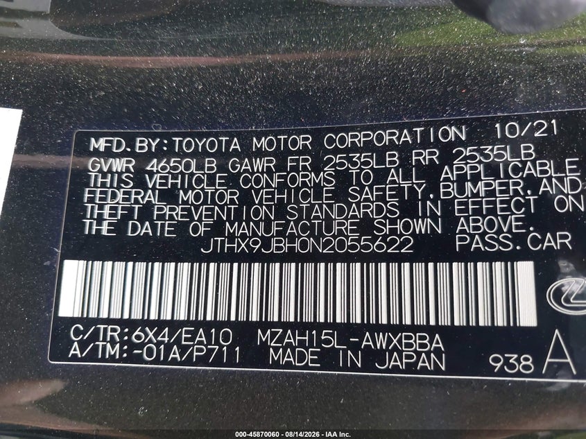 2022 Lexus Ux VIN JTHX9JBH0N2055622 IAAI salvage auction — FRONT END, Wait Title, sold $4,500 on 2026-09-16 (photo 9)