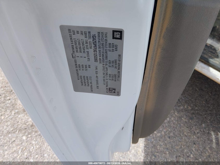 2016 Chevrolet Express 3500 VIN 1GAZGPFF9G1252060 IAAI salvage auction — NORMAL WEAR, Sf97 (Arizona), sold $19,600 on 2026-09-10 (photo 9)