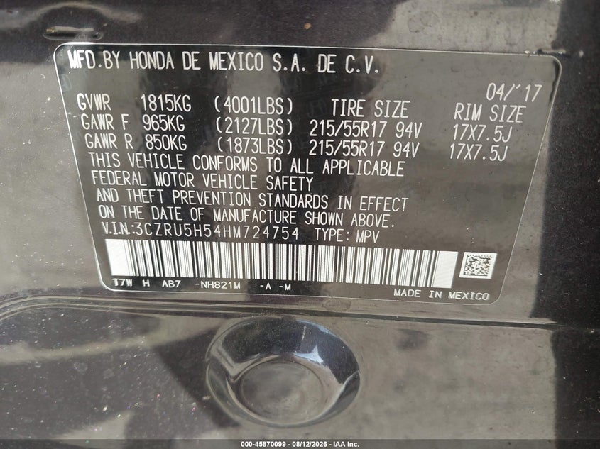 2017 Honda Hr-v VIN 3CZRU5H54HM724754 IAAI salvage auction — NORMAL WEAR, Clear (Florida), sold $5,350 on 2026-09-01 (photo 9)