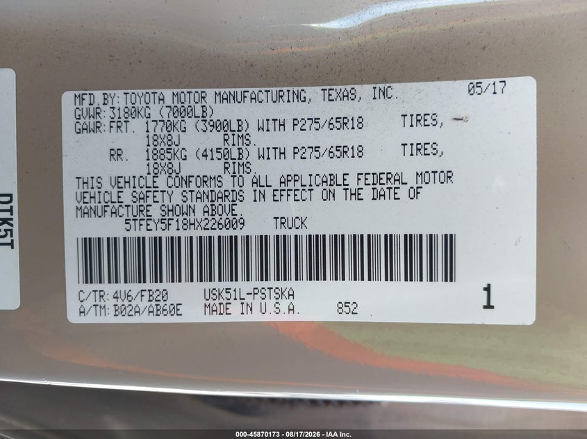 2017 Toyota Tundra VIN 5TFEY5F18HX226009 IAAI salvage auction — SIDE, Salvage (California), sold $11,000 on 2026-08-23 (photo 9)