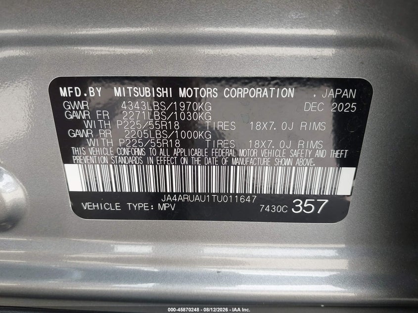 2026 Mitsubishi Outlander VIN JA4ARUAU1TU011647 IAAI salvage auction — REAR END, Salvage Title, sold $12,100 on 2026-08-19 (photo 9)