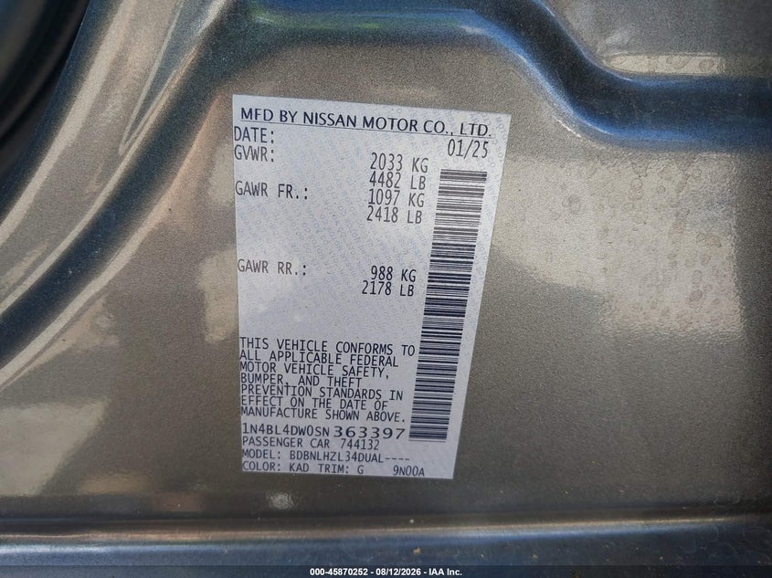 2025 Nissan Altima VIN 1N4BL4DW0SN363397 IAAI salvage auction — FRONT END, Salvage Title, sold $14,500 on 2026-08-19 (photo 9)
