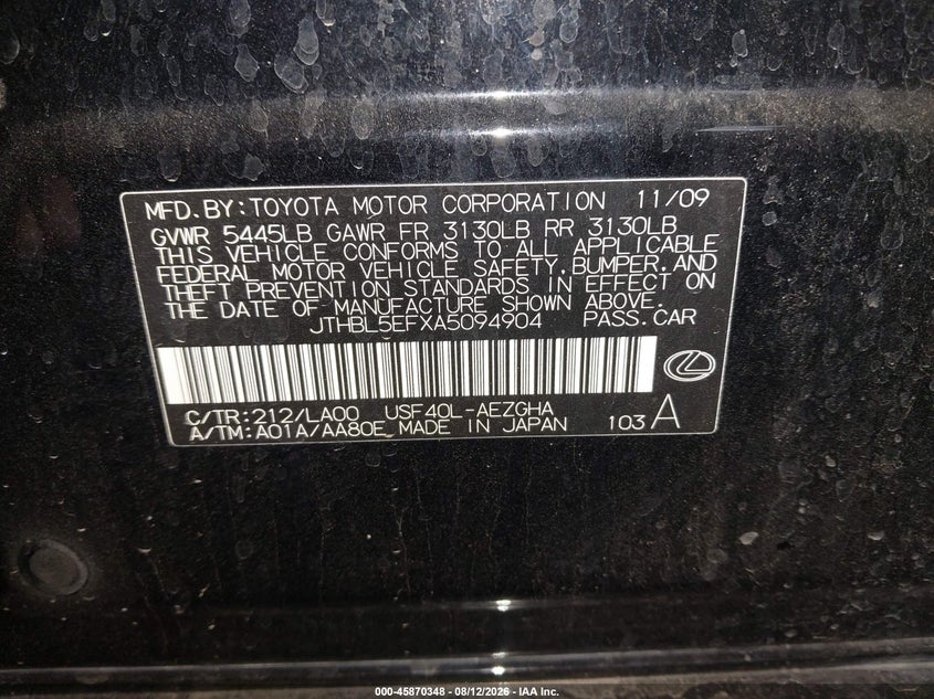 2010 Lexus Ls 460 VIN JTHBL5EFXA5094904 IAAI salvage auction — FRONT END, Salvage (Arizona), sold $825 on 2026-10-06 (photo 9)