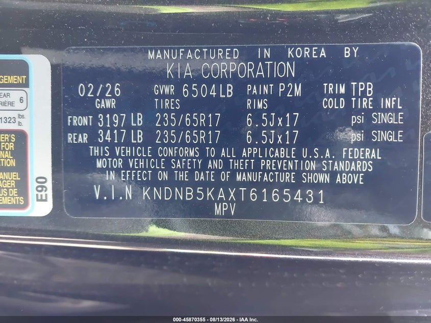 2026 Kia Carnival VIN KNDNB5KAXT6165431 IAAI salvage auction — FRONT END, Enterprise Vehicles Clear Only (Washington), sold $24,000 on 2026-08-19 (photo 9)