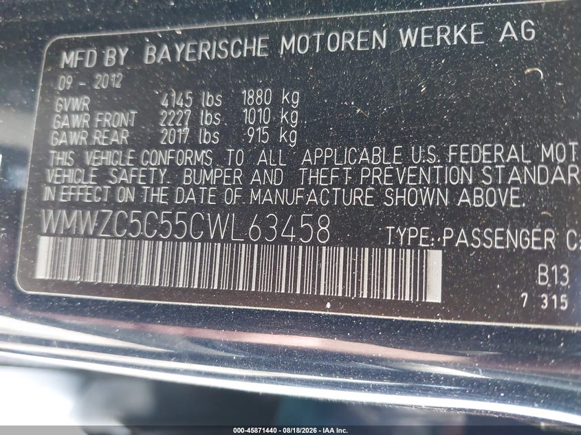 2012 Mini Cooper VIN WMWZC5C55CWL63458 IAAI salvage auction — ENGINE DAMAGE, Clear (Florida), sold $225 on 2026-08-19 (photo 9)