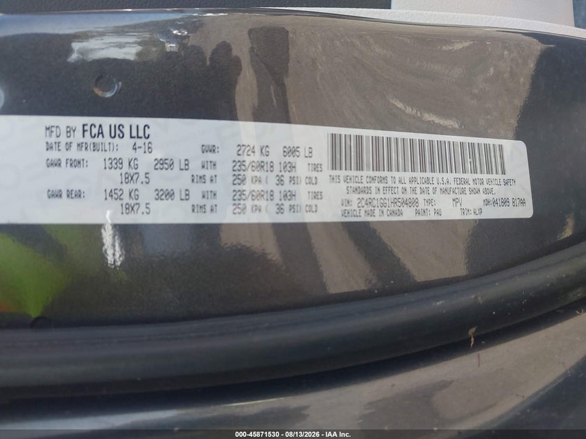 2017 Chrysler Pacifica VIN 2C4RC1GG1HR504808 IAAI salvage auction — LEFT FRONT, Wait Title, sold $3,650 on 2026-08-26 (photo 9)