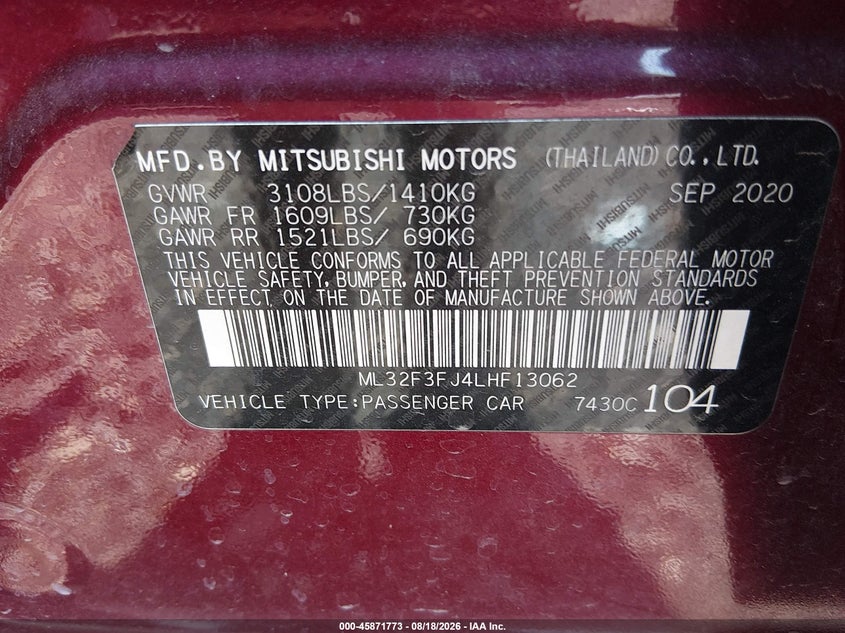 2020 Mitsubishi Mirage VIN ML32F3FJ4LHF13062 IAAI salvage auction — RIGHT SIDE, Salvage (Ohio), sold $1,500 on 2026-09-09 (photo 9)