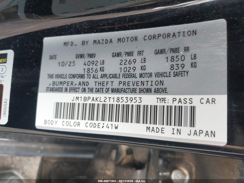 2026 Mazda 3 VIN JM1BPAKL2T1853953 IAAI salvage auction — FRONT END, Salvage Title, sold $15,000 on 2026-08-18 (photo 9)