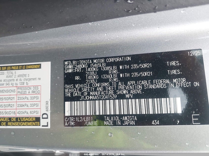 2026 Lexus Rx VIN JTJCHMAA5T2041539 IAAI salvage auction — FRONT END, Wait Title, sold $24,650 on 2026-10-06 (photo 9)