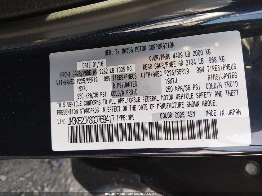 2016 Mazda Cx-5 VIN JM3KE2DY8G0769417 IAAI salvage auction — FRONT END, Salvage (Georgia), sold $2,100 on 2026-09-06 (photo 9)