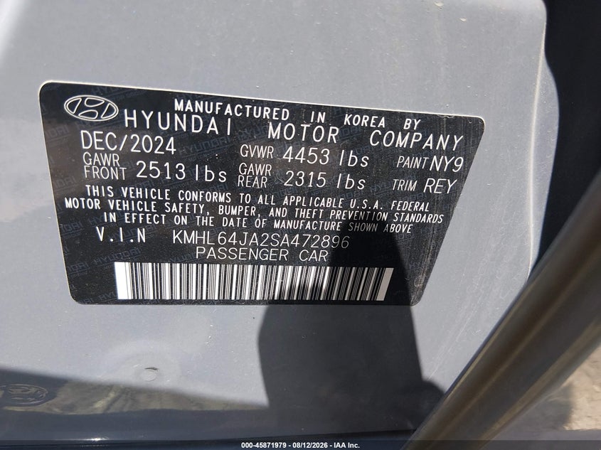 2025 Hyundai Sonata VIN KMHL64JA2SA472896 IAAI salvage auction — REAR END, Salvage Title, sold $16,200 on 2026-08-20 (photo 9)