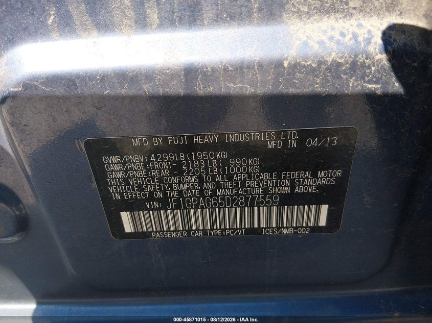 2013 Subaru Impreza VIN JF1GPAG65D2877559 IAAI salvage auction — NORMAL WEAR, Original (New Hampshire), sold $775 on 2026-08-26 (photo 9)