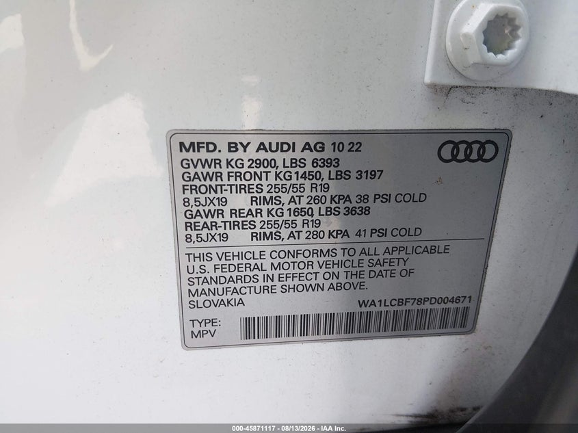 2023 Audi Q7 VIN WA1LCBF78PD004671 IAAI salvage auction — FRONT END, Salvage Title, sold $12,600 on 2026-09-14 (photo 9)