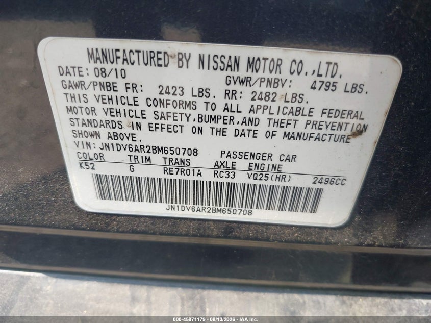 2011 Infiniti G VIN JN1DV6AR2BM650708 IAAI salvage auction — RIGHT FRONT, Clear (Virginia), sold $275 on 2026-08-26 (photo 9)