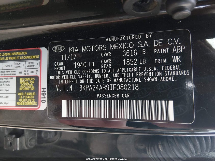 2018 Kia Rio VIN 3KPA24AB9JE080218 IAAI salvage auction — LEFT SIDE, Certificate Of Title (Nebraska), sold $1,500 on 2026-09-11 (photo 9)