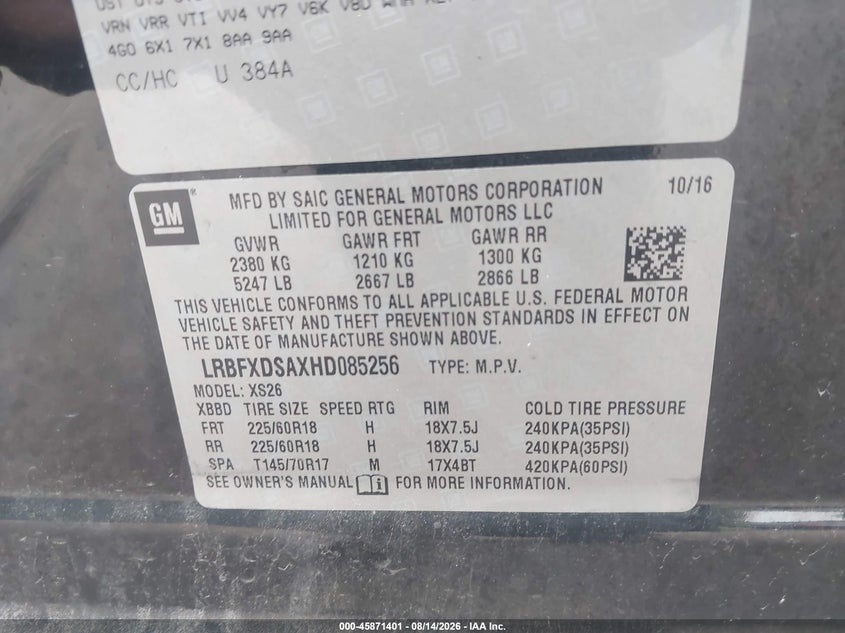 2017 Buick Envision VIN LRBFXDSAXHD085256 IAAI salvage auction — FRONT & REAR, Salvage Title, sold $1,150 on 2026-09-30 (photo 9)