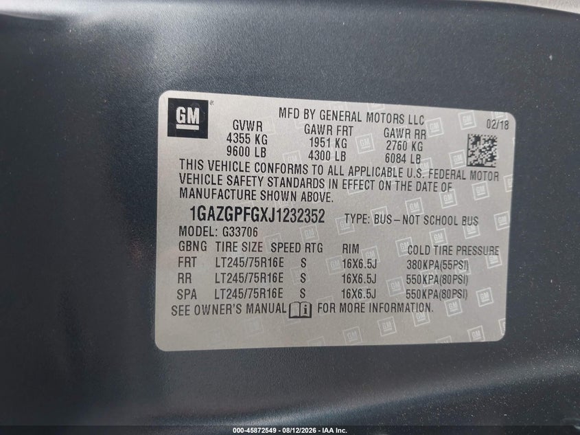 2018 Chevrolet Express 3500 VIN 1GAZGPFGXJ1232352 IAAI salvage auction — NORMAL WEAR, SF97 (Virginia), sold $28,250 on 2026-09-08 (photo 9)