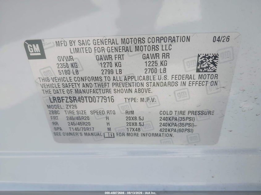 2026 Buick Envision VIN LRBFZSR49TD077916 IAAI salvage auction — FRONT & REAR, Clear (Florida), sold $16,350 on 2026-08-26 (photo 9)