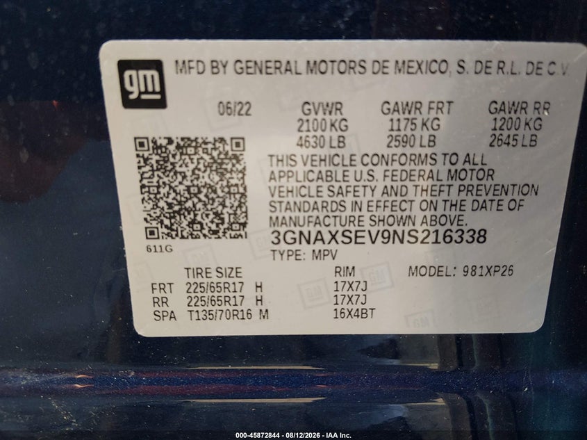 2022 Chevrolet Equinox VIN 3GNAXSEV9NS216338 IAAI salvage auction — RIGHT FRONT, Salvage Title, sold $7,100 on 2026-08-22 (photo 9)