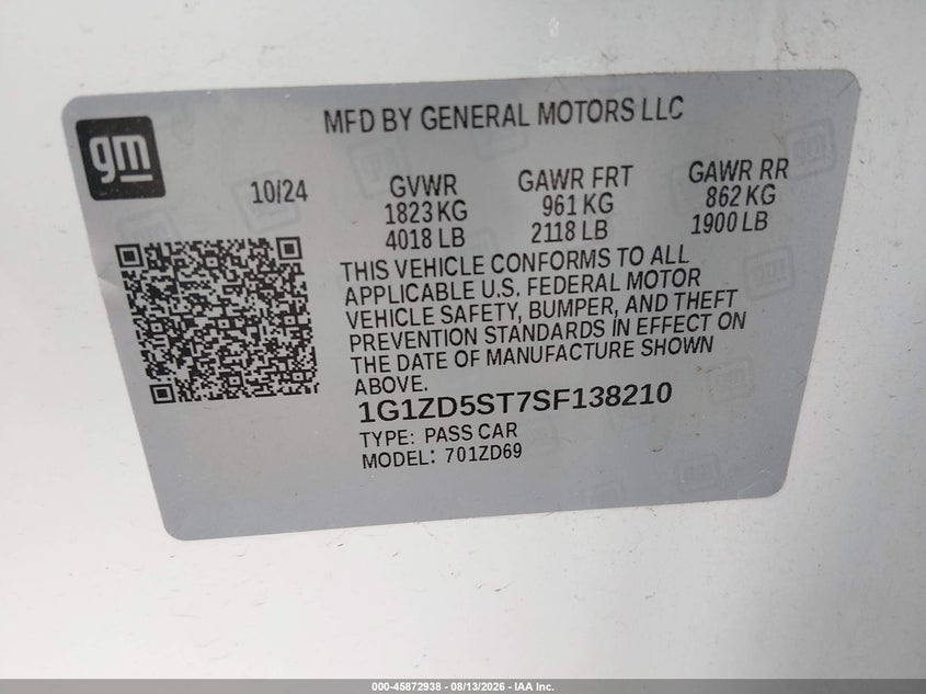 2025 Chevrolet Malibu VIN 1G1ZD5ST7SF138210 IAAI salvage auction — LEFT FRONT, Enterprise Vehicles Clear Only (Texas), sold $13,325 on 2026-08-18 (photo 9)