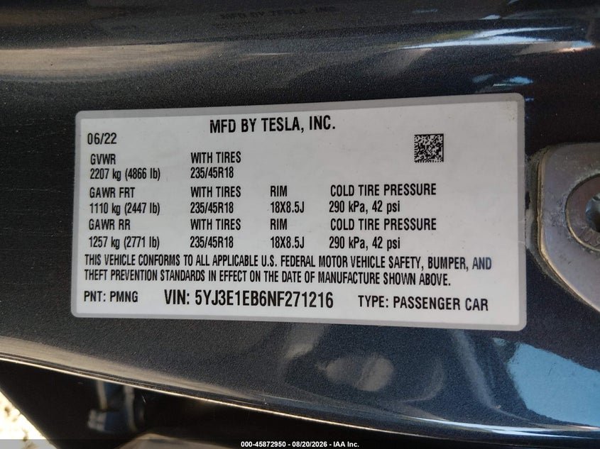 2022 Tesla Model 3 VIN 5YJ3E1EB6NF271216 IAAI salvage auction — FRONT END, Salvage Title, sold $10,700 on 2026-10-07 (photo 9)