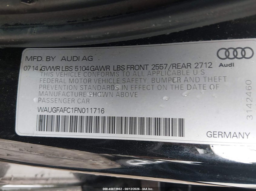 2015 Audi A6 VIN WAUGFAFC1FN011716 IAAI salvage auction — NORMAL WEAR, Salvage Title, sold $2,100 on 2026-09-03 (photo 9)