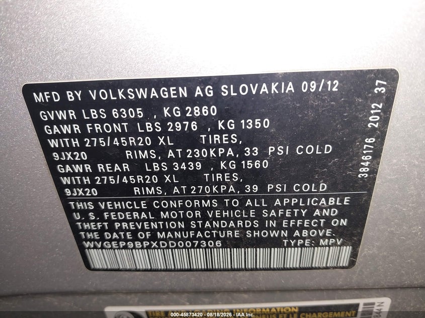 2013 Volkswagen Touareg VIN WVGEP9BPXDD007306 IAAI salvage auction — NORMAL WEAR, Clear (Pennsylvania), sold $8,300 on 2026-08-20 (photo 9)