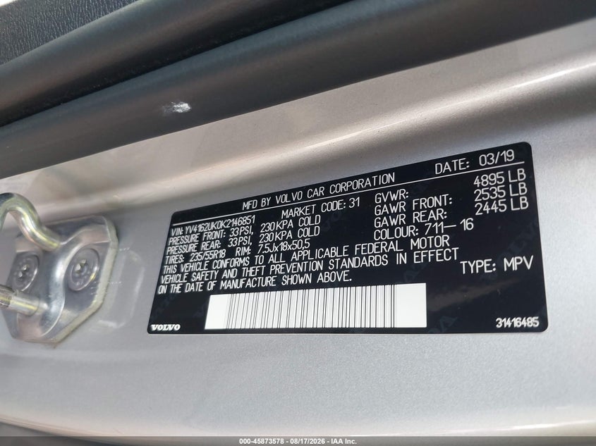 2019 Volvo Xc40 VIN YV4162UK0K2146851 IAAI salvage auction — REAR END, Salvage (Illinois), sold $11,300 on 2026-10-01 (photo 9)