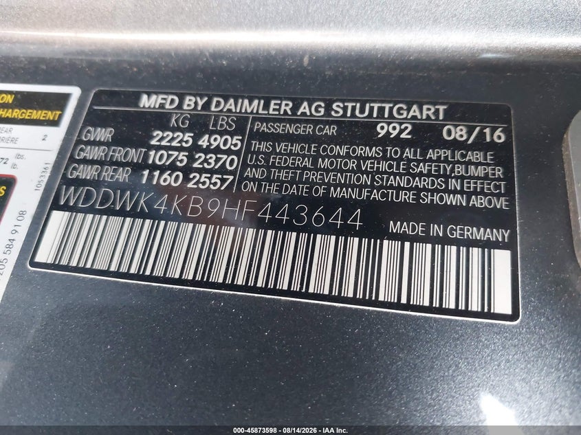 2017 Mercedes-benz C-klasse VIN WDDWK4KB9HF443644 IAAI salvage auction — REAR END, Salvage Title, sold $9,725 on 2026-09-05 (photo 9)
