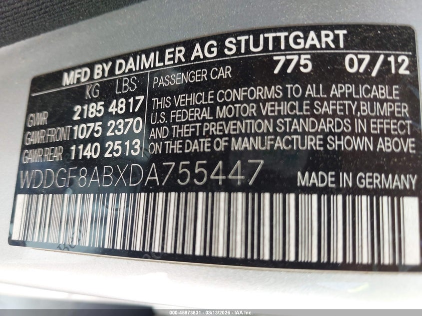 2013 Mercedes-benz C class VIN WDDGF8ABXDA755447 IAAI salvage auction — NORMAL WEAR, Original (Texas), sold $975 on 2026-08-17 (photo 9)