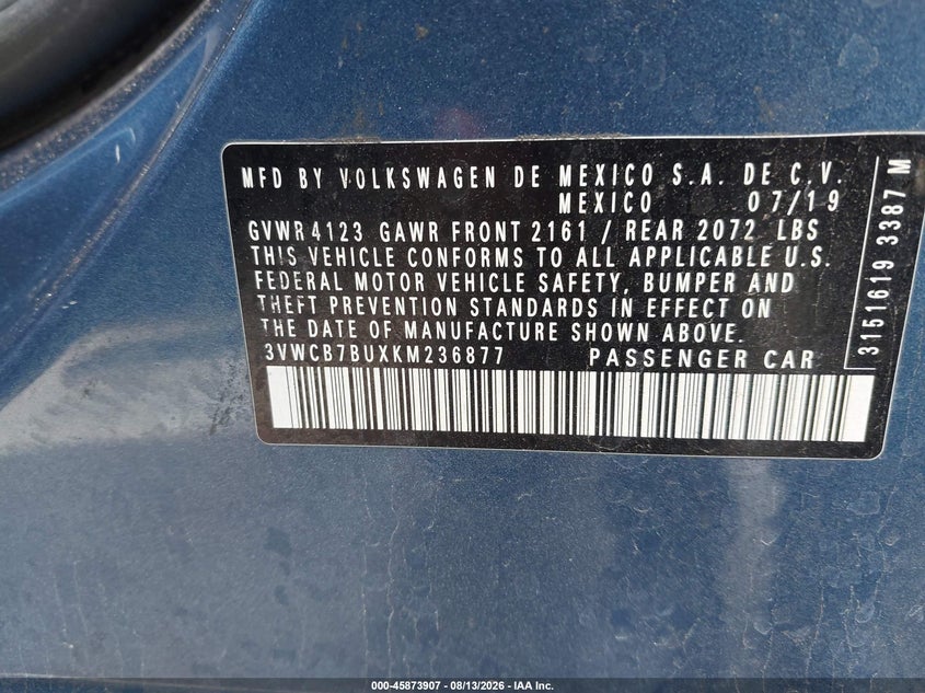 2019 Volkswagen Jetta VIN 3VWCB7BUXKM236877 IAAI salvage auction — FRONT END, Wait Title, sold $1,950 on 2026-08-26 (photo 9)