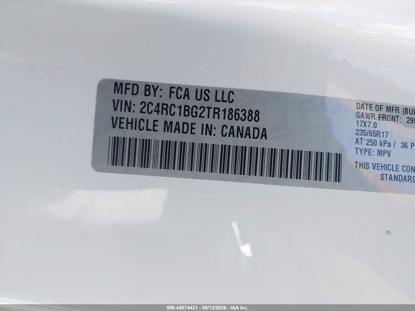 2026 Chrysler Pacifica VIN 2C4RC1BG2TR186388 IAAI salvage auction — FRONT END, Salvage Title, sold $14,500 on 2026-08-29 (photo 9)