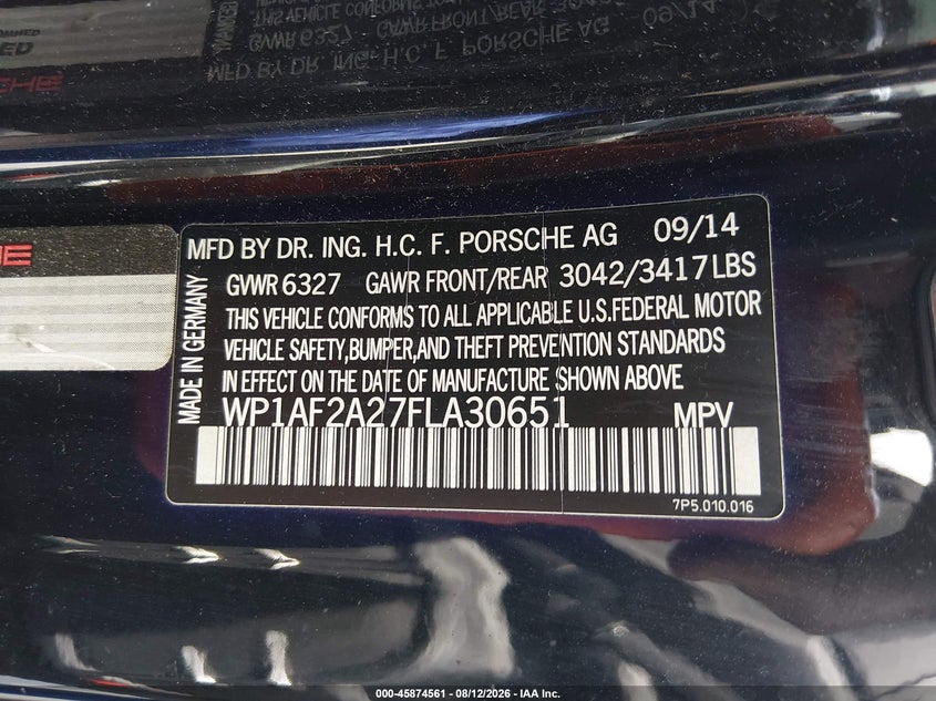2015 Porsche Cayenne VIN WP1AF2A27FLA30651 IAAI salvage auction — NORMAL WEAR, Salvage Title, sold $11,750 on 2026-08-20 (photo 9)
