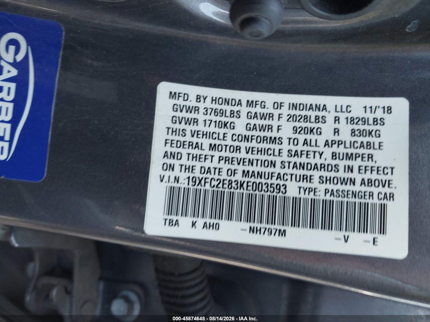 2019 Honda Civic VIN 19XFC2E83KE003593 IAAI salvage auction — FRONT END, Wait Title, sold $525 on 2026-10-04 (photo 9)