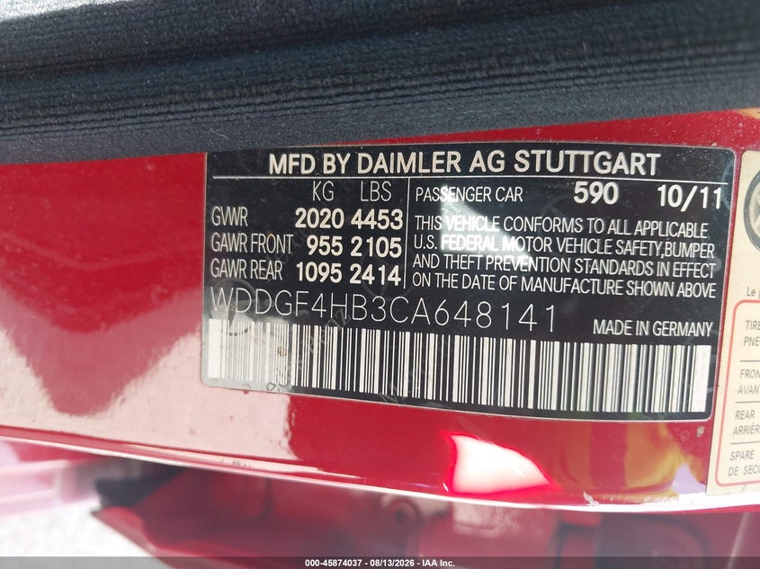 2012 Mercedes-benz C-klasse VIN WDDGF4HB3CA648141 IAAI salvage auction — LEFT FRONT, Original (Texas), sold $1,000 on 2026-08-19 (photo 9)