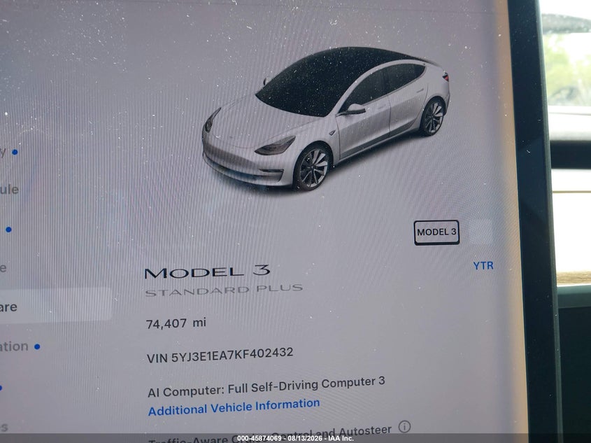 2019 Tesla Model 3 VIN 5YJ3E1EA7KF402432 IAAI salvage auction — FRONT END, Wait Title, sold $6,650 on 2026-08-28 (photo 7)