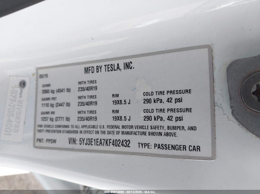 2019 Tesla Model 3 VIN 5YJ3E1EA7KF402432 IAAI salvage auction — FRONT END, Wait Title, sold $6,650 on 2026-08-28 (photo 9)