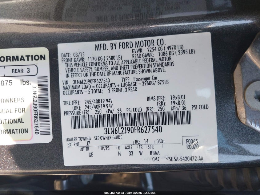 2015 Lincoln Mkz VIN 3LN6L2J90FR627540 IAAI salvage auction — RIGHT SIDE, Salvage Title, sold $975 on 2026-09-20 (photo 9)