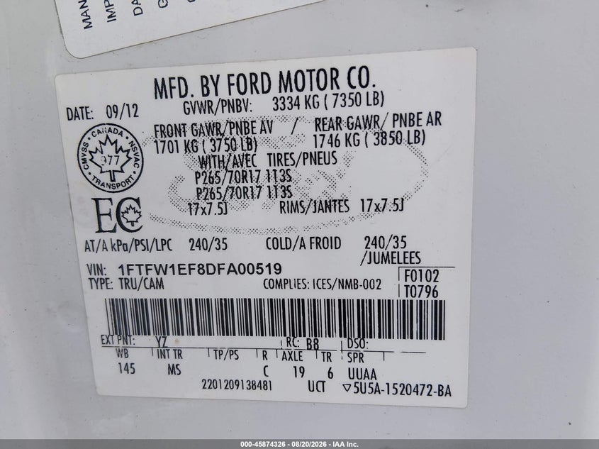 2013 Ford F-150 VIN 1FTFW1EF8DFA00519 IAAI salvage auction — FRONT END, Wait Title, sold $1,100 on 2026-09-05 (photo 9)